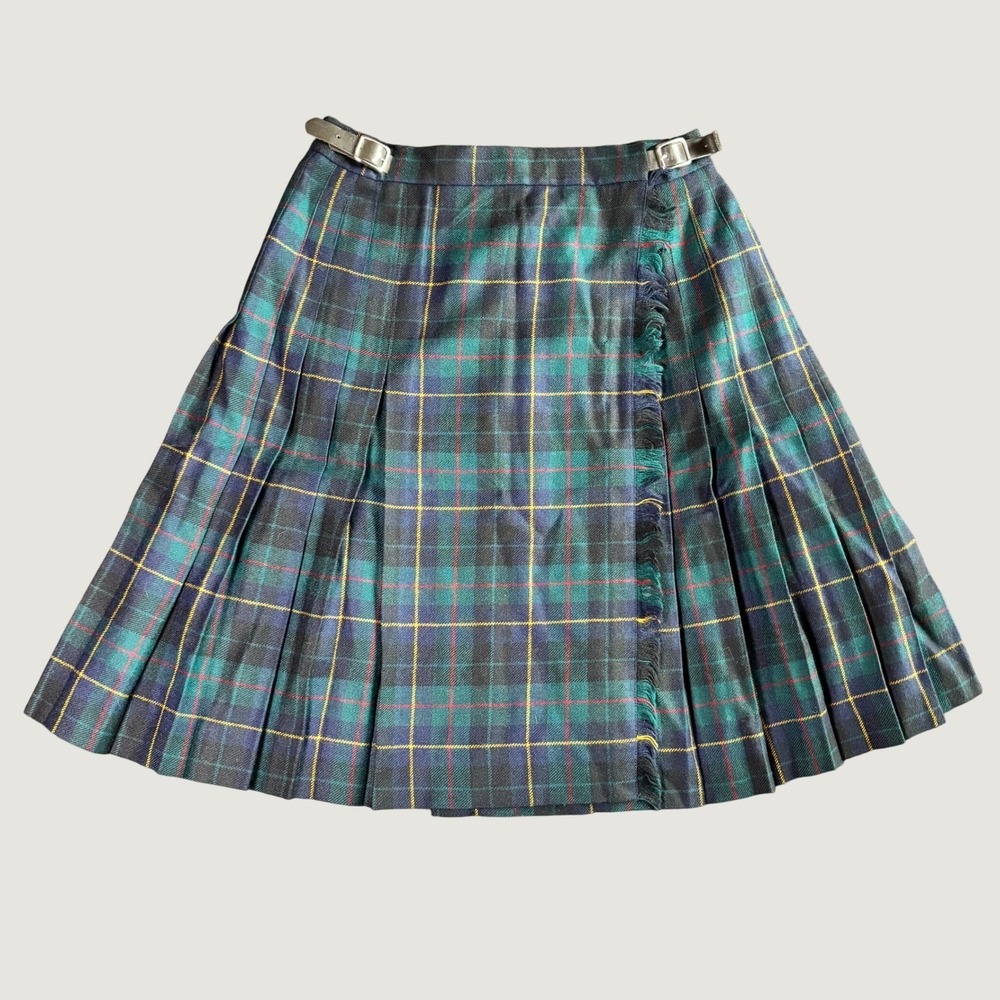 Lauren Ralph Lauren Women Skirt 4 Green Wool Plaid Leather Buckle Kilt Wrap